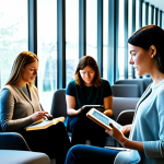 A diverse group of adult readers, each in modest, smart casual attire, deeply absorbed in reading various digital tablets and physical books. They are gathered in a bright, contemporary reading lounge, some on comfortable chairs, others standing by a large window. Subtle, glowing connections, like abstract lines of light, emanate from their texts and converge, symbolizing shared understanding and the power of compelling narrative rhythm. Their expressions are thoughtful and engaged. Professional photography, warm inviting lighting, high-resolution, sharp focus, natural expressions, wide shot. fully clothed, modest clothing, appropriate attire, professional dress, perfect anatomy, correct proportions, natural pose, well-formed hands, proper finger count, natural body proportions, safe for work, appropriate content, professional.