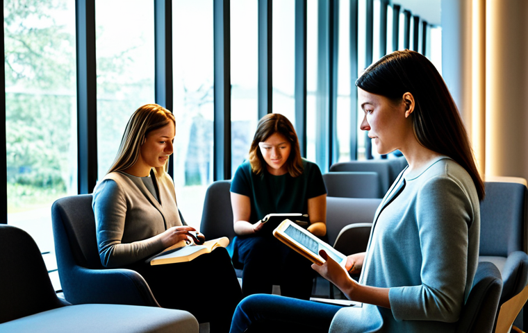 A diverse group of adult readers, each in modest, smart casual attire, deeply absorbed in reading various digital tablets and physical books. They are gathered in a bright, contemporary reading lounge, some on comfortable chairs, others standing by a large window. Subtle, glowing connections, like abstract lines of light, emanate from their texts and converge, symbolizing shared understanding and the power of compelling narrative rhythm. Their expressions are thoughtful and engaged. Professional photography, warm inviting lighting, high-resolution, sharp focus, natural expressions, wide shot. fully clothed, modest clothing, appropriate attire, professional dress, perfect anatomy, correct proportions, natural pose, well-formed hands, proper finger count, natural body proportions, safe for work, appropriate content, professional.
