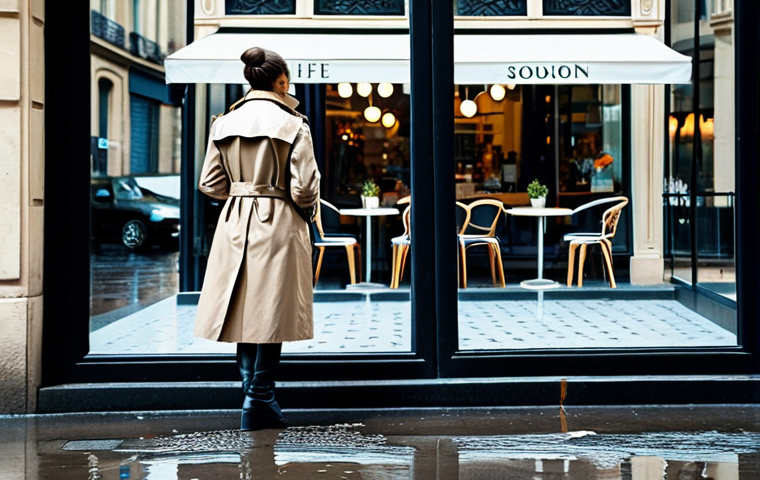 **
"A woman wearing a stylish trench coat and fashionable boots, standing by a cafe window on a rainy Paris morning, observing the reflections in the puddles, fully clothed, appropriate attire, safe for work, perfect anatomy, natural proportions, professional photography, high quality, family-friendly, modest clothing."
**