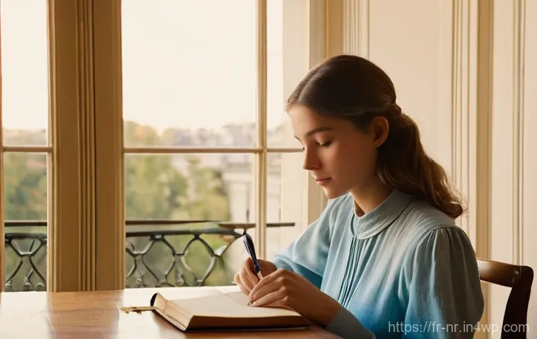 창의적 글쓰기에서의 자아 발견 - **Prompt 1: Serene Introspection and Clarity**
"A serene, close-up portrait of a young woman (ea...