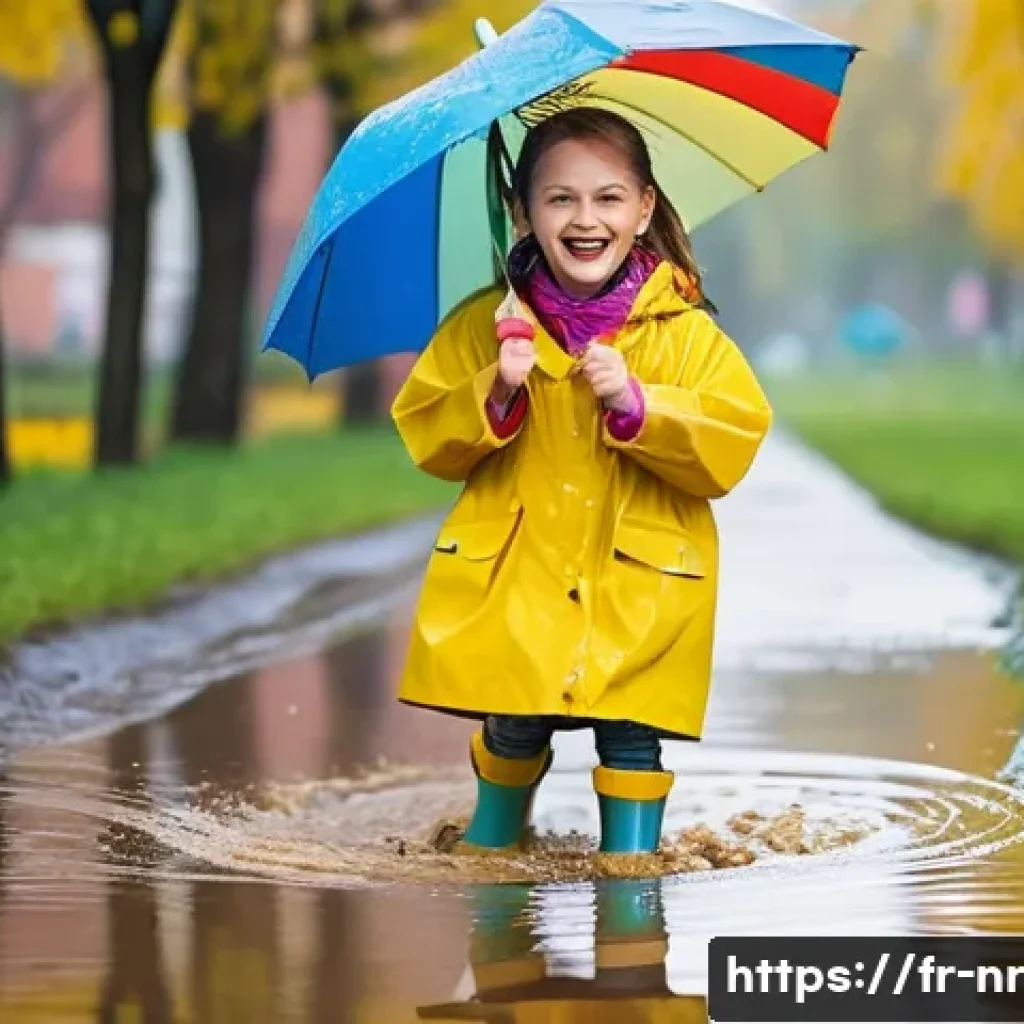 결과물을 보고 배우는 창의적 글쓰기 - **Prompt:** A young girl, around 7 years old, wearing a bright yellow raincoat and colorful striped ...