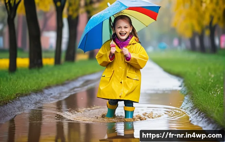 결과물을 보고 배우는 창의적 글쓰기 - **Prompt:** A young girl, around 7 years old, wearing a bright yellow raincoat and colorful striped ...