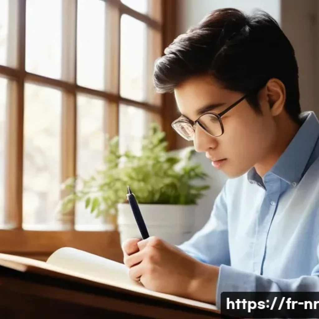 직관을 활용한 창의적 글쓰기 기법 - **Prompt:** A young adult, gender-neutral, with expressive eyes, sits at a wooden desk bathed in war...