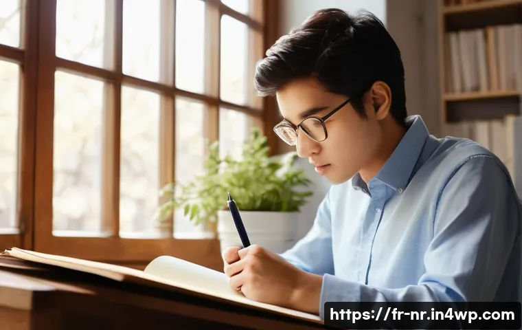 직관을 활용한 창의적 글쓰기 기법 - **Prompt:** A young adult, gender-neutral, with expressive eyes, sits at a wooden desk bathed in war...