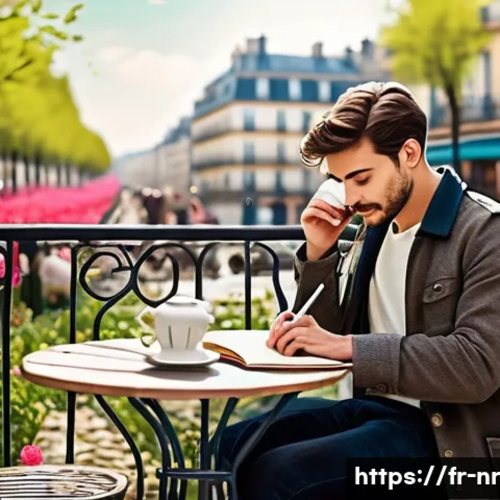 실패에서 배우는 창의적 글쓰기 기법 - A cozy Parisian café terrace scene in springtime, featuring a young writer seated at a small round t...