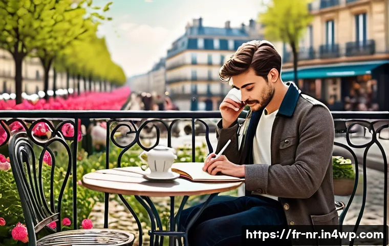 실패에서 배우는 창의적 글쓰기 기법 - A cozy Parisian café terrace scene in springtime, featuring a young writer seated at a small round t...