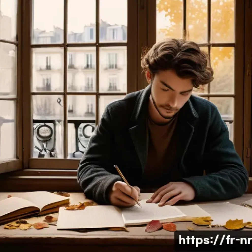 창의적 글쓰기의 다양한 형식 탐구 - A serene and evocative scene of a contemporary poet sitting at a rustic wooden desk by a large windo...