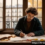 Home 22 창의적 글쓰기의 다양한 형식 탐구 - A serene and evocative scene of a contemporary poet sitting at a rustic wooden desk by a large windo...