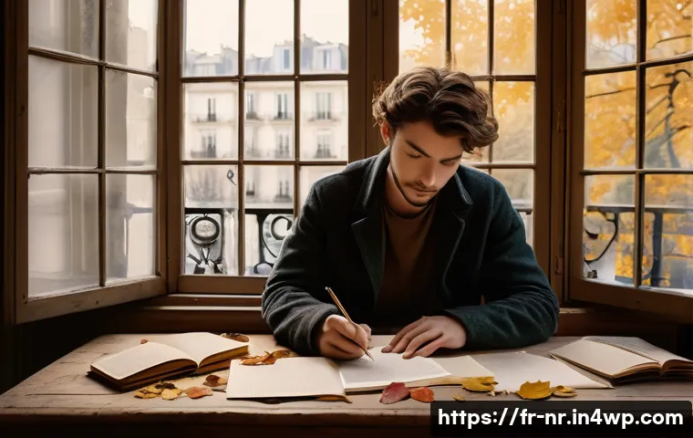 창의적 글쓰기의 다양한 형식 탐구 - A serene and evocative scene of a contemporary poet sitting at a rustic wooden desk by a large windo...