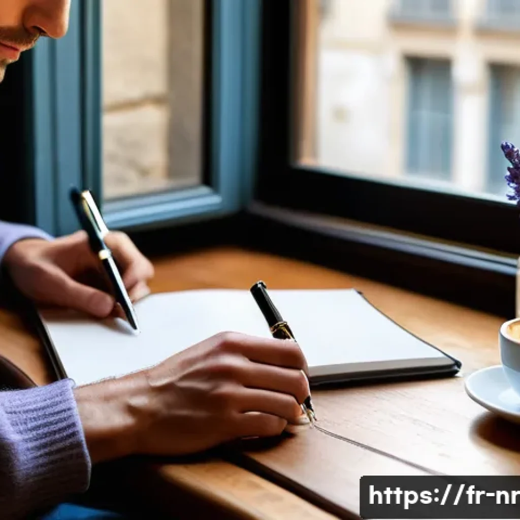 다양한 글쓰기 포맷 비교 분석 - A cozy modern workspace scene featuring a French writer at a wooden desk near a large window with so...
