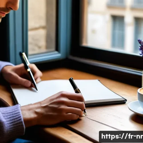 Home 33 다양한 글쓰기 포맷 비교 분석 - A cozy modern workspace scene featuring a French writer at a wooden desk near a large window with so...