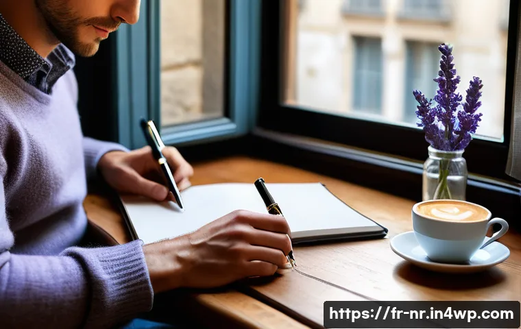 다양한 글쓰기 포맷 비교 분석 - A cozy modern workspace scene featuring a French writer at a wooden desk near a large window with so...