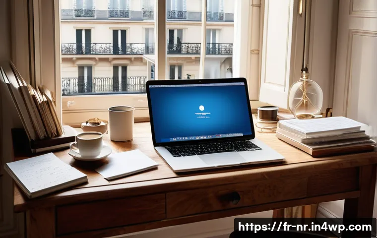 창의적 글쓰기의 미래와 방향성 토론하기 - A cozy writer’s workspace in a modern Parisian apartment, featuring a wooden desk cluttered with a l...