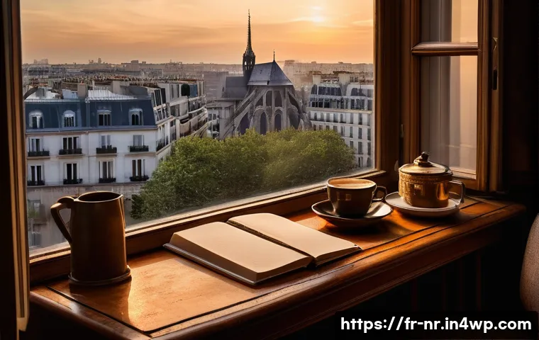 스토리텔링을 통한 창의적 글쓰기 기법 - A cozy Parisian writer’s nook in a small apartment overlooking the Seine at dusk, filled with warm g...