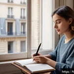 Home 23 자기 계발을 위한 창의적 글쓰기 기법 - A cozy morning writing ritual scene featuring a young French woman sitting by a sunlit window in a P...