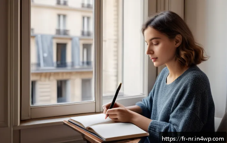 자기 계발을 위한 창의적 글쓰기 기법 - A cozy morning writing ritual scene featuring a young French woman sitting by a sunlit window in a P...