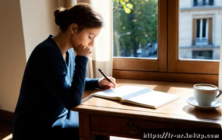 Home 17 창의적 글쓰기를 위한 자기 반성법 - Photorealistic scene of a French novelist in a quiet Paris apartment, thoughtfully reviewing handwri...